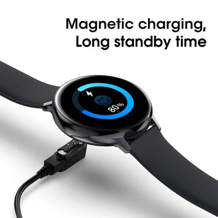 Smart Watch for Everyday Health and Activity Monitoring showing magnetic charging connector and 80% battery display