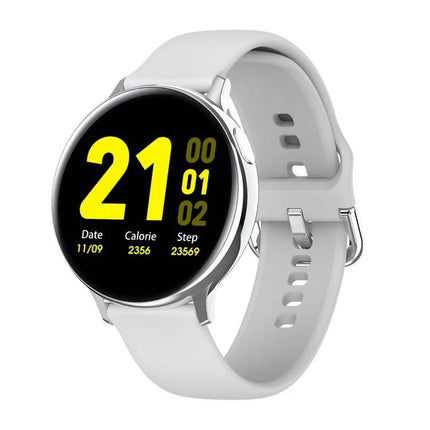 Smart Watch for Everyday Health and Activity Monitoring - white round smartwatch showing steps, calories, heart-rate display, IP68 waterproof design