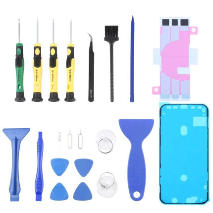 JIAFA Tools for Everyday iPhone Repair and Maintenance kit laid out with screwdrivers, pry tools, tweezers, adhesives and suction cups