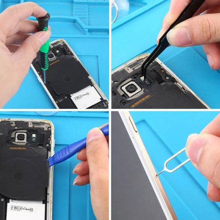 JIAFA Tools for Everyday iPhone Repair and Maintenance kit showing battery replacement, screwdriver, tweezers, prying tool and SIM ejector