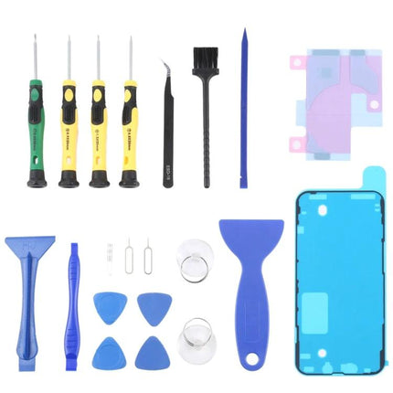 JIAFA Tools for Everyday iPhone Repair and Maintenance kit laid out with screwdrivers, pry tools, adhesive strips and suction cups