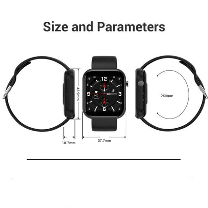 Convenient Smart Watch for Everyday Wellness and Exercise Tracking - black square full-touch display with size and parameter measurements