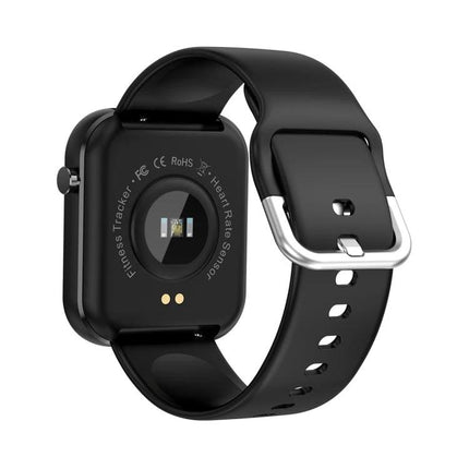 Convenient Smart Watch for Everyday Wellness and Exercise Tracking black rear view showing heart rate sensor and silicone strap