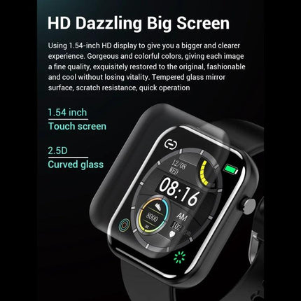 Convenient Smart Watch for Everyday Wellness and Exercise Tracking showing 1.54-inch HD touchscreen, curved glass and step/heart rate display