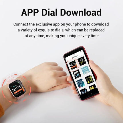 Convenient Smart Watch for Everyday Wellness and Exercise Tracking showing app dial download on phone and wrist with multiple watch faces