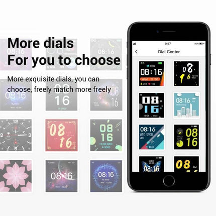 Convenient Smart Watch for Everyday Wellness and Exercise Tracking - phone showing multiple watch face dial options and full touch screen