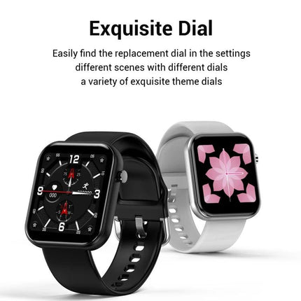 Convenient Smart Watch for Everyday Wellness and Exercise Tracking showing two watches with different dials — black sport dial and white floral dial