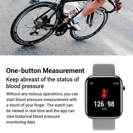 Convenient Smart Watch for Everyday Wellness and Exercise Tracking - gray smartwatch showing blood pressure 126/98 and one-button measurement