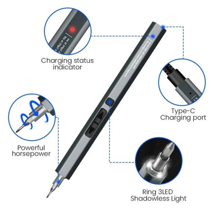 Rechargeable Cordless Electric Screwdriver Set for Home Repairs and Gadgets with Type-C charging, ring 3LED shadowless light and charging status indicator