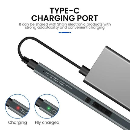 Rechargeable Cordless Electric Screwdriver Set for Home Repairs and Gadgets showing Type-C charging port connected to power bank with charging and fully charged indicators