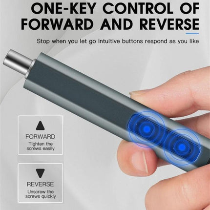 Rechargeable Cordless Electric Screwdriver Set for Home Repairs and Gadgets - hand holding compact driver showing one-key forward and reverse controls