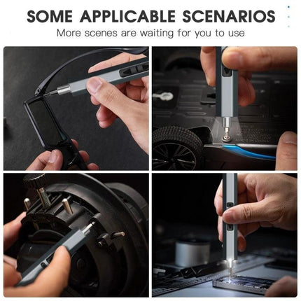 Rechargeable Cordless Electric Screwdriver Set for Home Repairs and Gadgets shown in use on electronics, toys, appliances and furniture in low-light