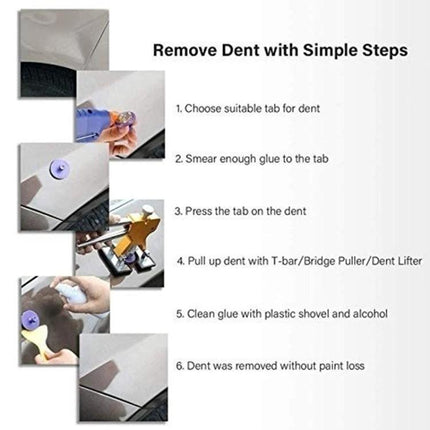 D3 Car Dent Repair Kit for Everyday Vehicle Maintenance at Home - step-by-step dent removal process with tabs, glue, T-bar puller, and cleaning