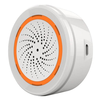 NEO ZigBee Enabled USB Siren Alarm Sensor for Home Security Alert compact white USB siren with orange ring, 90dB alarm and LED notification