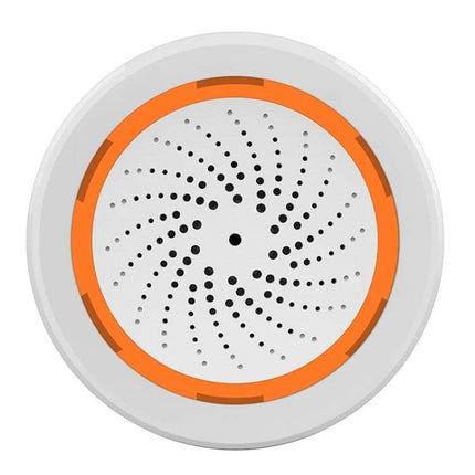 NEO ZigBee Enabled USB Siren Alarm Sensor for Home Security Alert white round siren with orange trim, 90dB alarm and LED notification