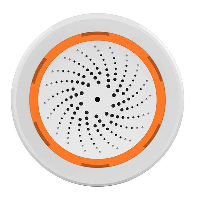 NEO ZigBee Enabled USB Siren Alarm Sensor for Home Security Alert white round siren with orange trim, 90dB alarm and LED notification