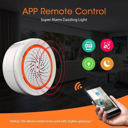 NEO ZigBee Enabled USB Siren Alarm Sensor for Home Security Alert showing app remote control, 90dB siren with light notifications