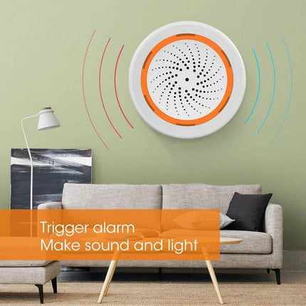 NEO ZigBee Enabled USB Siren Alarm Sensor for Home Security Alert wall-mounted siren over sofa showing sound and light notifications