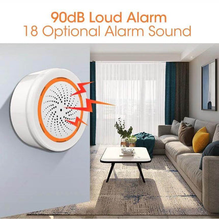 NEO ZigBee Enabled USB Siren Alarm Sensor for Home Security Alert mounted in living room showing 90dB alarm and light notification