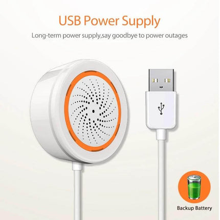 NEO ZigBee Enabled USB Siren Alarm Sensor for Home Security Alert — white round USB-powered siren with orange ring and backup battery icon