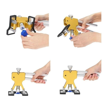 D6 Kit For Quick Car Dent Repairs In Daily Use showing gold dent puller tool with assorted puller tab attachments