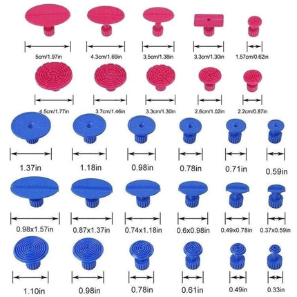 Essential Tool Kit for Car Dent Repairs in Daily Maintenance - assorted pink and blue plastic dent pull tabs with size measurements