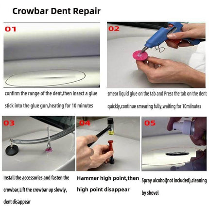N3 83-in-1 Paintless Dent Repair Kit for Vehicle Dents showing glue tab, crowbar puller, and hammer steps for fixing car dents