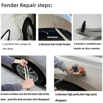 N3 83-in-1 Paintless Dent Repair Kit for Vehicle Dents fender repair steps showing crowbar, pen heads, hammer and dent removal on car