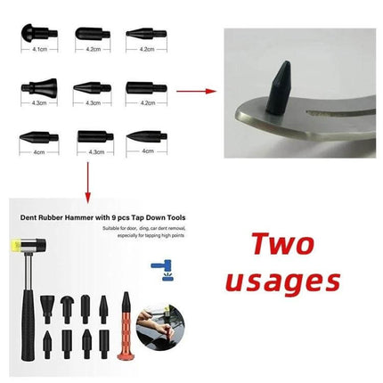 N3 83-in-1 Paintless Dent Repair Kit for Vehicle Dents showing 9 tap down tool tips and rubber hammer for paintless dent repair