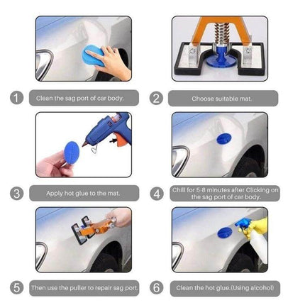 N3 83-in-1 Paintless Dent Repair Kit for Vehicle Dents showing step-by-step glue puller, mats, and tools repairing a car dent
