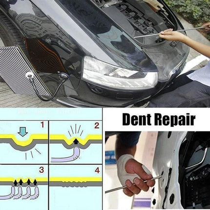 Essential Q1 Kit for Everyday Car Dent Fixes showing airbag inflation and push-pull tools repairing a car door dent at home