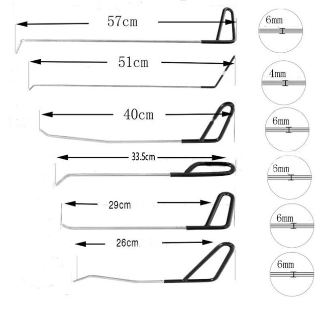 Essential Q1 Kit for Fixing Car Dents in Daily Drives - set of metal dent-pulling rods with handles showing lengths (57cm,51cm,40cm,33.5cm,29cm,26cm)