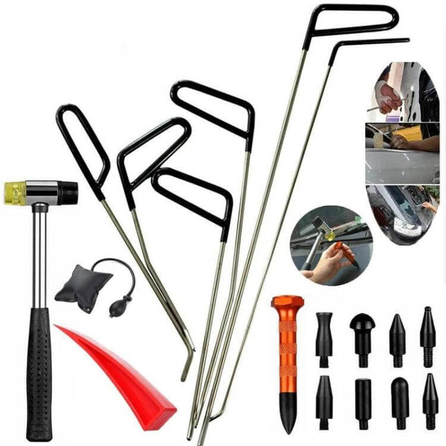 Paintless Dent Repair Kit for Car Hail Damage with 18 Tools showing rods, hammer, tips and accessories for DIY dent removal