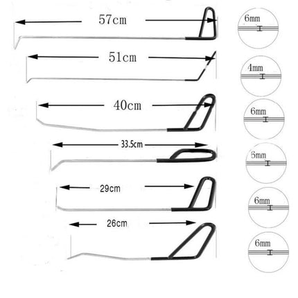 Paintless Dent Repair Kit for Car Hail Damage with 18 Tools – set of 6 metal pull rods with measurements (57cm,51cm,40cm,33.5cm,29cm,26cm)