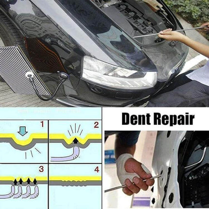 Paintless Dent Repair Kit for Car Hail Damage with 18 Tools being used on a car hood showing rods and dent-pulling process