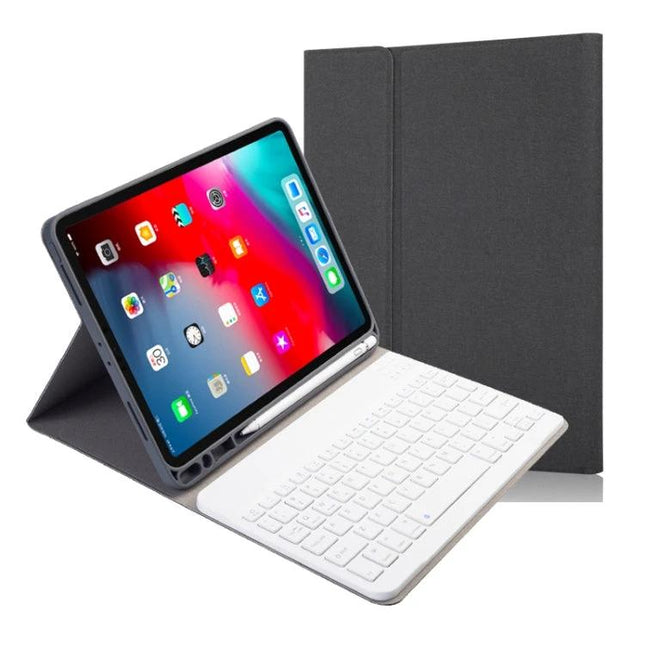 Detachable Magnetic Keyboard Leather Case for iPad Pro 11 2020 shown with white Bluetooth keyboard and gray folio stand for travel and study
