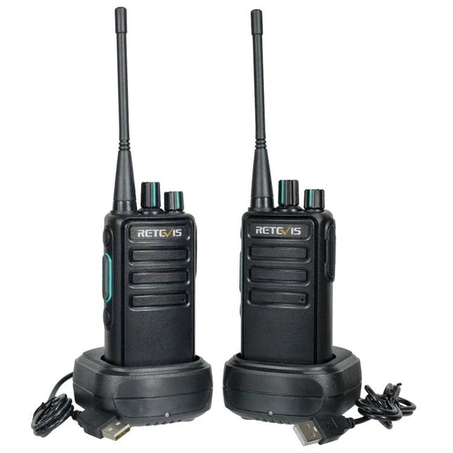 Retevis RB29 FRS License-Free Two-Way Radio for Daily Communication - pair of black handheld radios with antennas, charging docks and USB cables