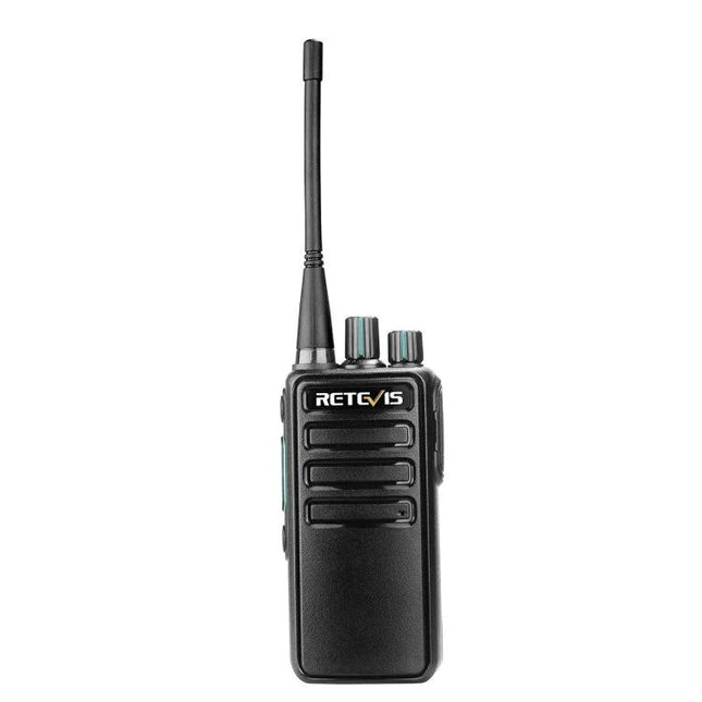 Retevis RB29 FRS License-Free Two-Way Radio for Daily Communication handheld black unit with antenna, VOX hands-free feature visible