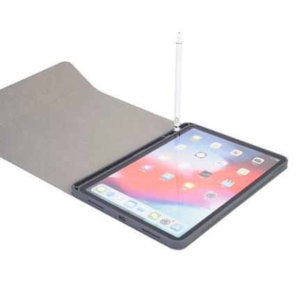 Backlit Bluetooth Keyboard Leather Case for iPad Pro 11 showing leather cover, wireless Bluetooth typing and Apple Pencil storage in low-light friendly design
