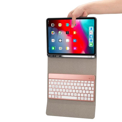 Backlit Bluetooth Keyboard Leather Case for iPad Pro 11 with rose gold wireless keyboard and stylus in protective folio, hand holding iPad