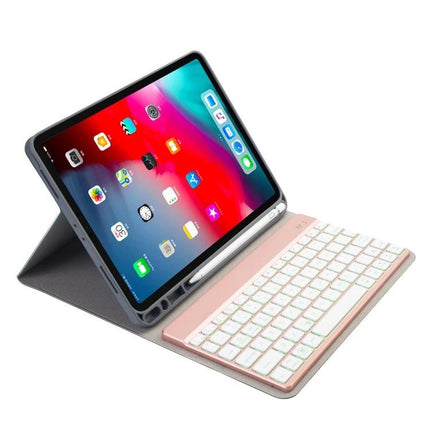 Backlit Bluetooth Keyboard Leather Case for iPad Pro 11 in rose gold with backlit keys, leather folio stand and Bluetooth wireless typing
