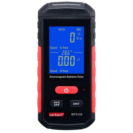 Wintact Household Electromagnetic Radiation Testing Device handheld meter showing E-field and H-field readings on blue display