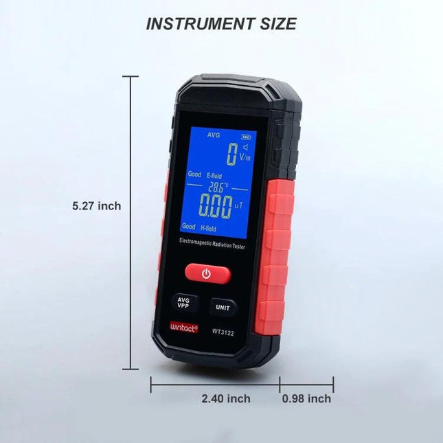 Wintact Household Electromagnetic Radiation Testing Device handheld meter showing blue LCD, dimensions 5.27×2.40×0.98 inches