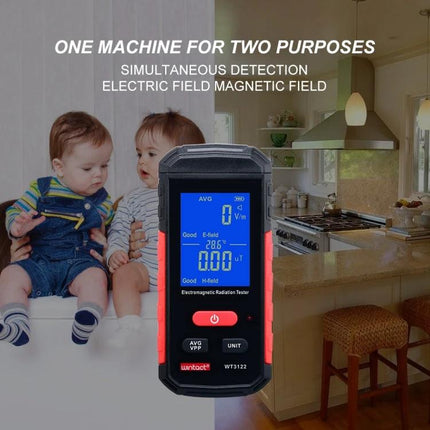 Wintact Household Electromagnetic Radiation Testing Device handheld EMF meter in kitchen detecting electric and magnetic fields near appliances