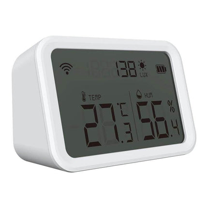 NEO Zigbee Temperature and Humidity Monitoring Sensor white digital display showing 27°C and 56% humidity for smart home monitoring