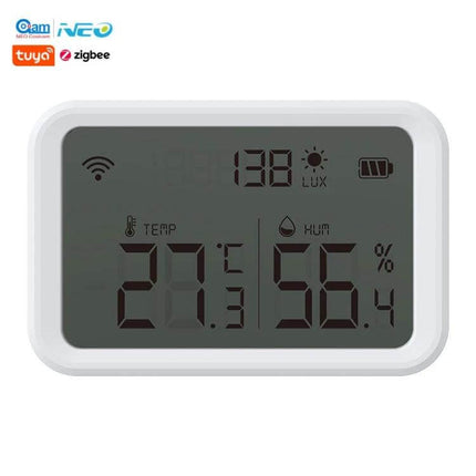 NEO Zigbee Temperature and Humidity Monitoring Sensor digital display showing 27.3°C temperature and 56.4% humidity with light and battery icons