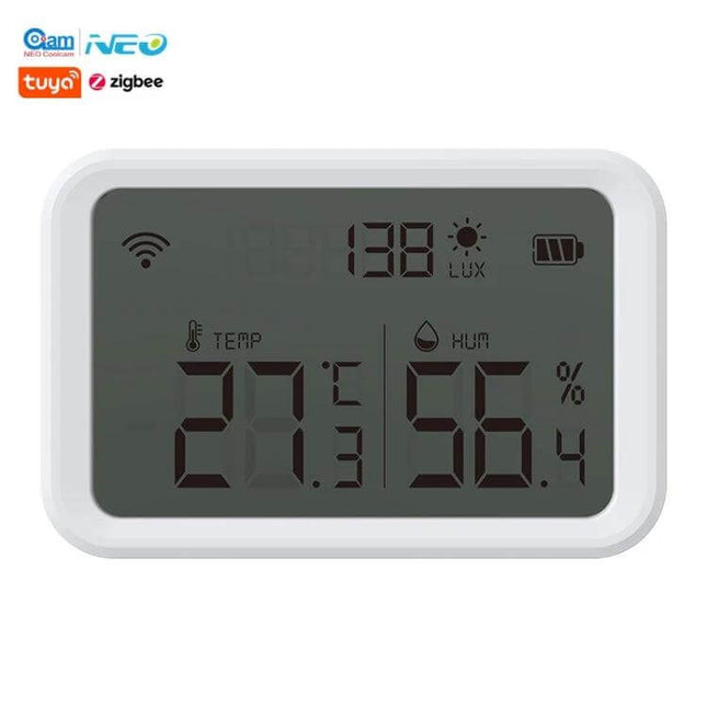 NEO Zigbee Temperature and Humidity Monitoring Sensor digital display showing 27.3°C temperature and 56.4% humidity with light and battery icons