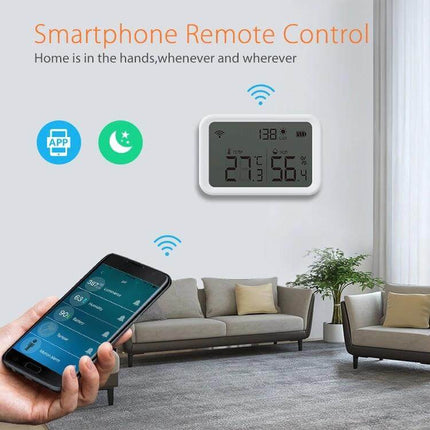 NEO Zigbee Temperature and Humidity Monitoring Sensor mounted in living room showing app remote control and wireless connection