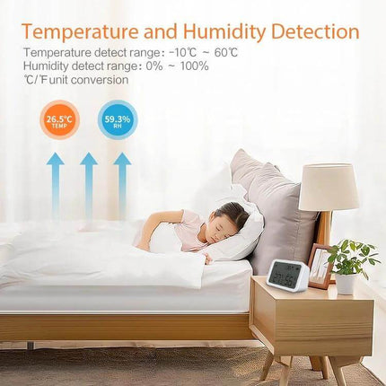 NEO Zigbee Temperature and Humidity Monitoring Sensor on bedside table showing 26.5°C and 59.3% RH in bedroom