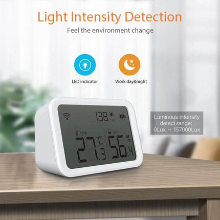 NEO Zigbee Temperature and Humidity Monitoring Sensor white desktop display showing temperature humidity and light intensity readings